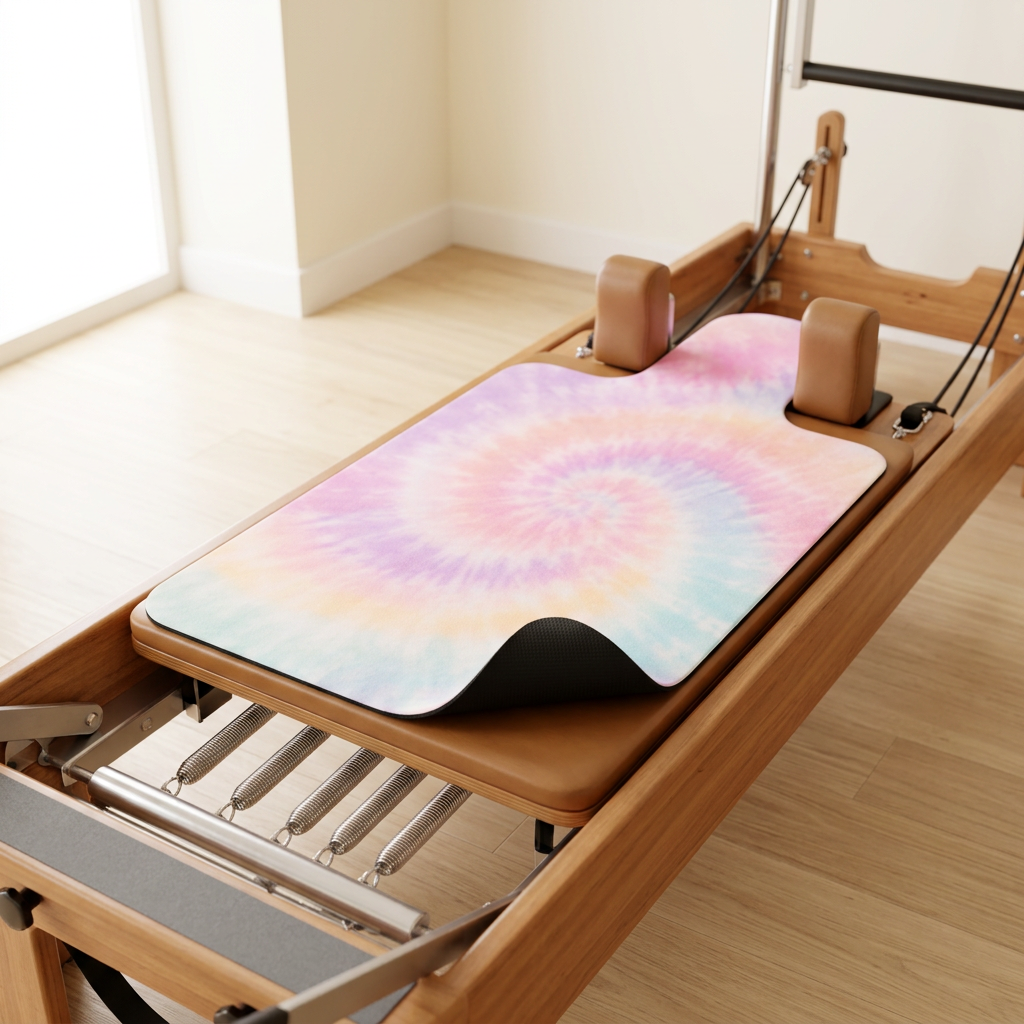 Lyssara Hero Tie Dye microfibre reformer mat on a wooden reformer carriage