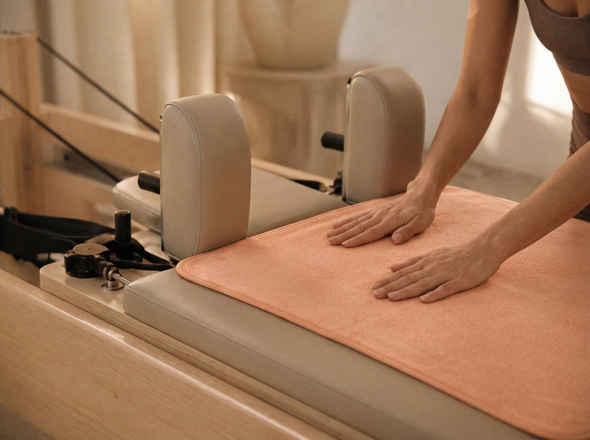 Hands smoothing a Lyssara apricot reformer grip towel over a reformer headrest